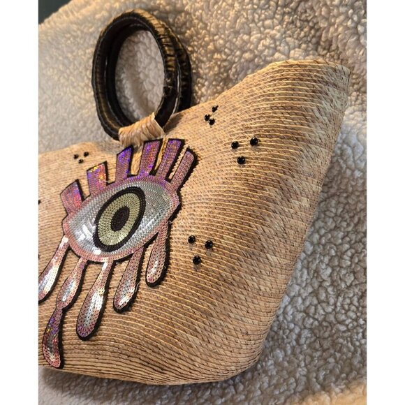 Vintage Handcrafted Straw "Evil Eye" Purple Sequin Beach Tote Purs - Picture 3 of 16